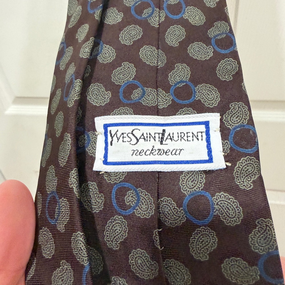 Yves Saint Laurent Vintage Silk Tie Brown Paisley Geometric Made in USA YSL